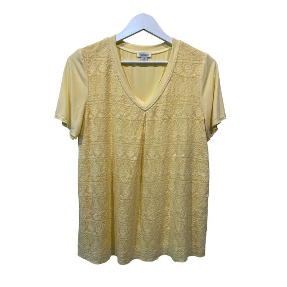 Sundance Top Womens Medium Boho Embroidered Silk Lace T-Shirt Yellow Tiny Flaw - Picture 1 of 11